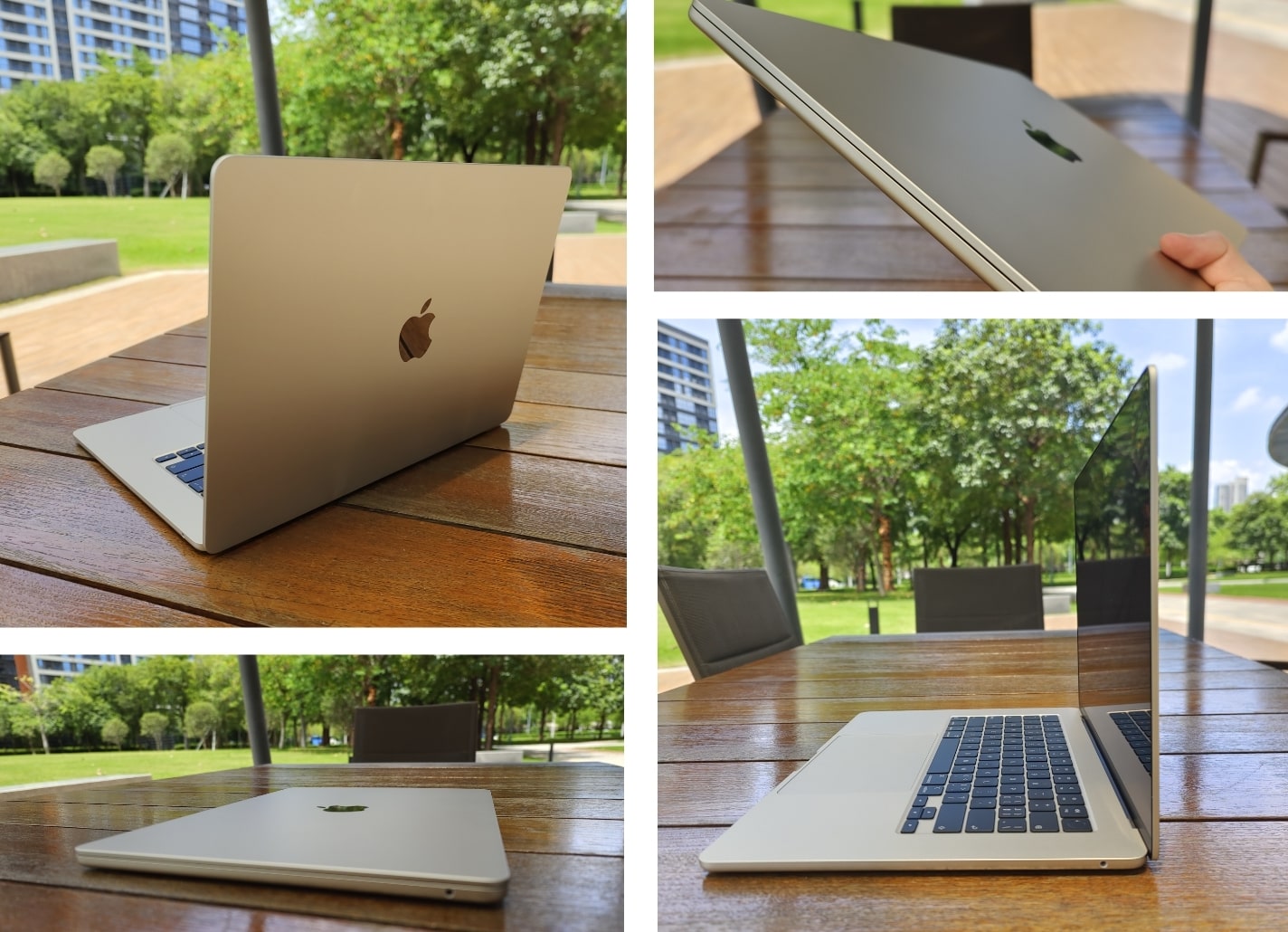 MacBook Air 星光色在室外自然光照下的展现。